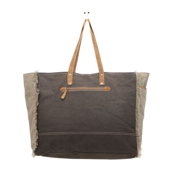 Myra Bag Handmade Viridescent Weekender Bag Upcycled Canvas & Cowhide Le… - Picture 6 of 7